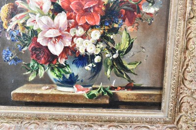 Lot 1145 - * Stuart Scott Somerville (1908-1983) oil on canvas - Still life of flowers in a blue and white vase, signed, 61.5cm x 51.5cm, in ornate gilt frame