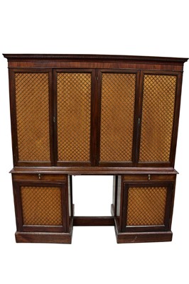 Lot 1521 - 19th century mahogany two height library bookcase, the upper section enclosed by four grille doors, the base with candle slides and two frieze drawers over central recessed mirror and two grille do...