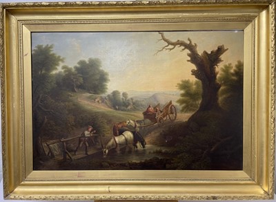 Lot 1263 - English School, 19th century, oil on canvas - Fording a River, 51cm x 76cm, in gilt frame