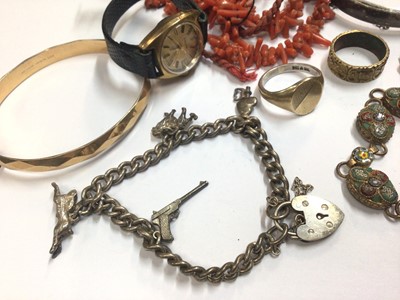 Lot 42 - 9ct gold heart shaped locket on chain, Victorian Mizpah ring, coral necklace, silver charm bracelet, silver bangle, wristwatch and costume jewellery.