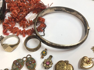 Lot 42 - 9ct gold heart shaped locket on chain, Victorian Mizpah ring, coral necklace, silver charm bracelet, silver bangle, wristwatch and costume jewellery.