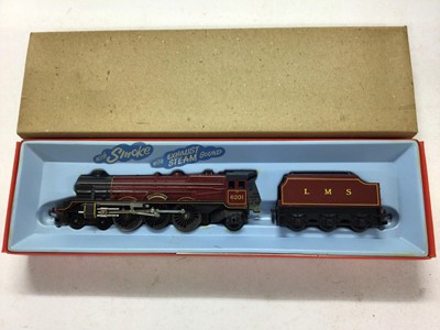 Lot 172 - Triang Hornby OO gauge LMS 4-6-2 Coronation blue locomotive R864, LMS 4-6-2 Princess locomotive Steam Exhaust Noise & Smoke "Princess Elizabeth" R258NS, BR Flying Scotsman and tender R850, all boxe...
