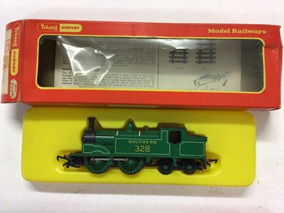 Lot 175 - Triang Hornby OO gauge BR black 2-10-0 locomotive and tender 92166, R550, BR black 0-4-4 M7 Class Tank locomotive 30027, R754, SR 0-4-4 M7 Class Tank locomotive 328, R868, 2-6-2 lined black Contine...