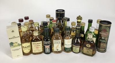 Lot 68 - Miniatures - thirty three bottles, to include The Macallan 10 year old, boxed, Glenfiddich, Bushmills, also cognacs and other alcoholic miniatures
