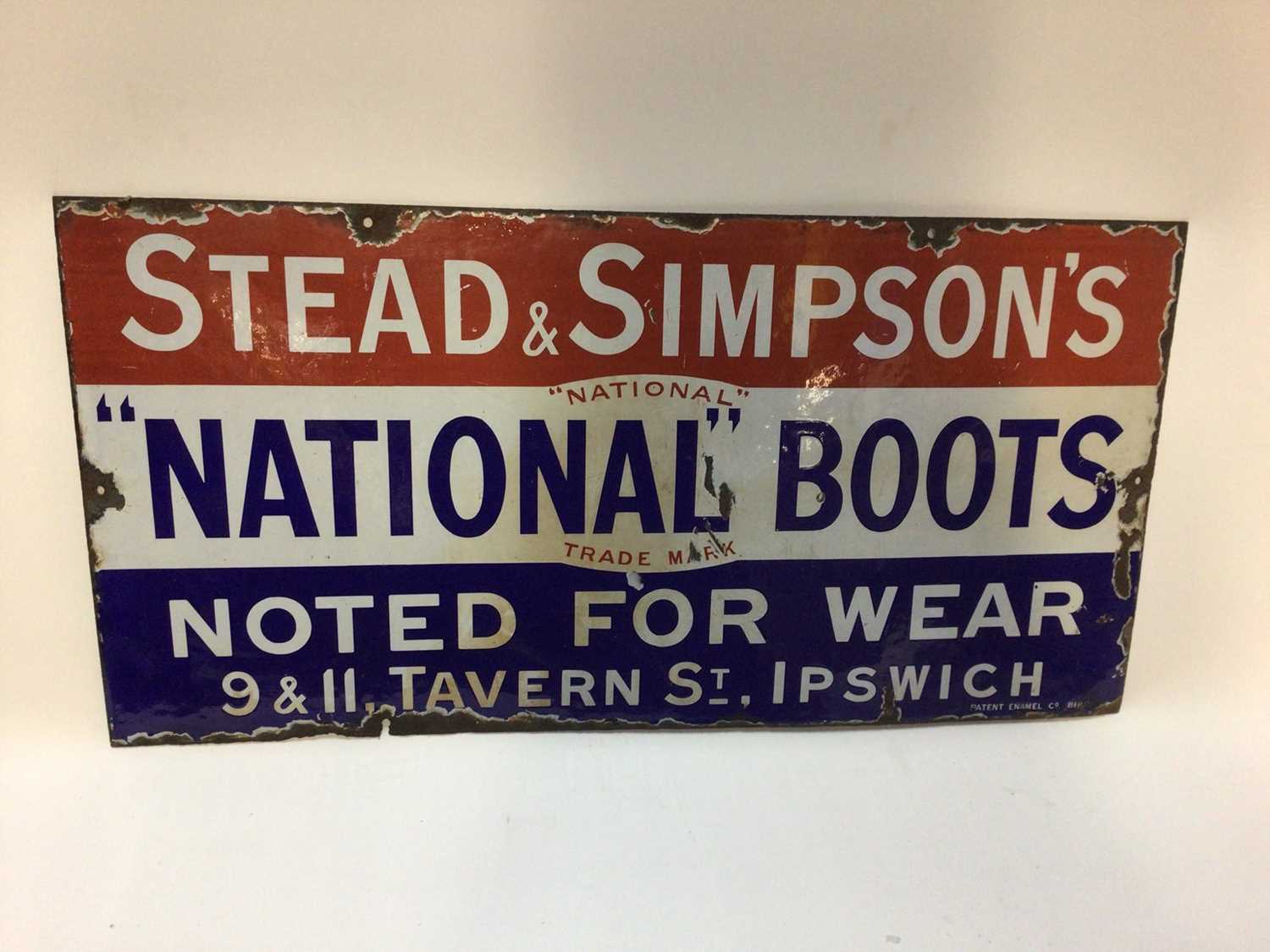 Lot 2492 - Stead & Simpson's National Boots, Ipswich enamel advertising sign