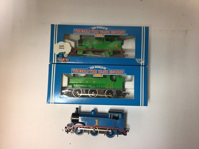 Lot 182 - Hornby OO gauge Thomas the Tank Engine series boxed locomotives including 'Duck' R382, Percy R350, unboxed Thomas, plus boxed rolling stock R105, R108, R104, R105, R110, R112, R107 and R109 (qty)