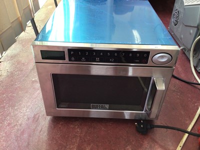 Lot 45 - Buffalo stainless steel twin table top deep fat fryer, cables and plugs, Buffalo GK641 commercial microwave oven, cable and plug and Plus Zap insect killer, cable and plug