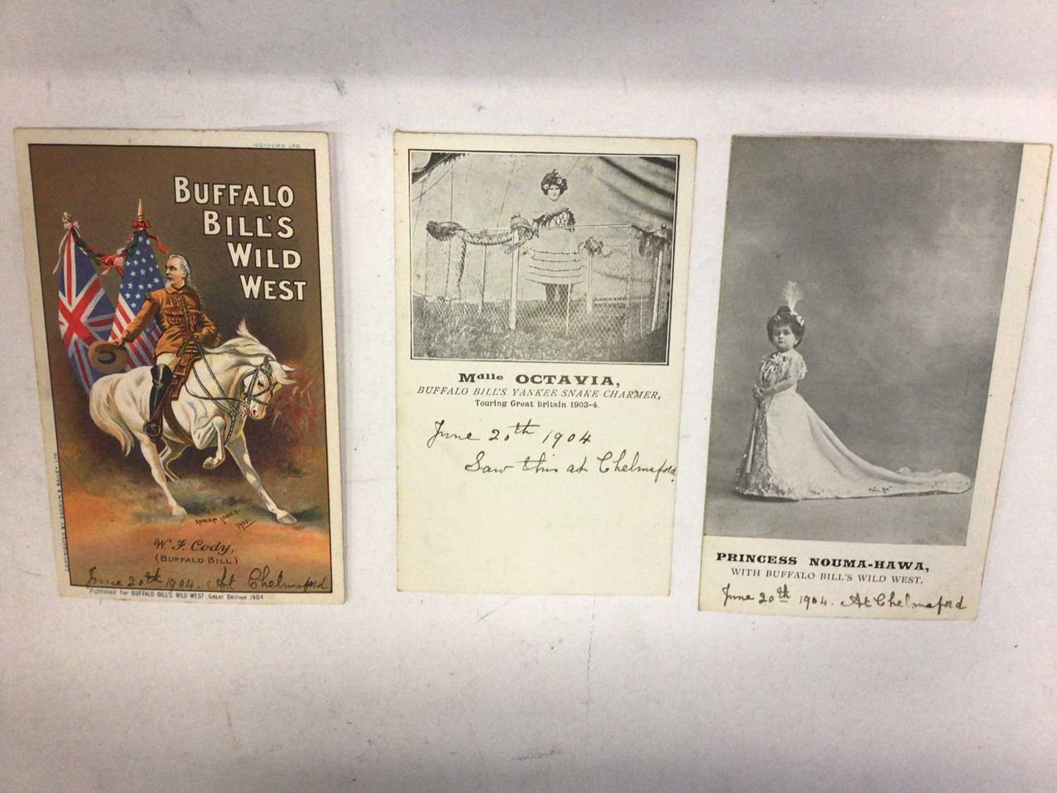 Lot 1433 - Postcards - Circus Advertising poster type 1904 Buffalo Bill's Wild West artist drawn Adrian Jones, Mademosielle Octavia Buffalo Bill's Yankee Snake Chamer touring Great Britain 1903-04 and Princes...