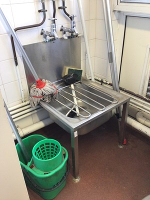 Lot 61 - A wall mounted stainless steel utility sink uni, with two supports, 495 mm wide x 525 mm deep