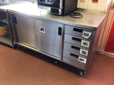 Lot 64 - A Moffat wall standing stainless steel kitchen base unit, with twin sliding door cupboard and four drawers, on castors, 1500 mm