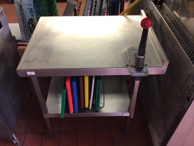 Lot 69 - A Moffat wall standing stainless steel preparation bench, with shelf under and fitted can opener, 600 mm