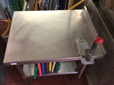 Lot 69 - A Moffat wall standing stainless steel preparation bench, with shelf under and fitted can opener, 600 mm