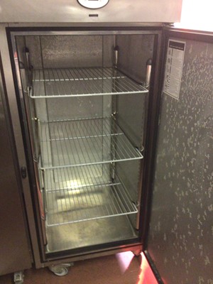 Lot 76 - A Foster electric single door stainless steel commercial refrigerator, on castors, cable and plug, 700 mm wide x 800 mm deep x 1780 mm high