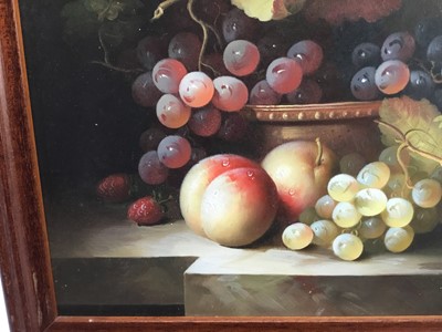 Lot 49 - Continental school - Still life with fruit, oil on wood board, framed
