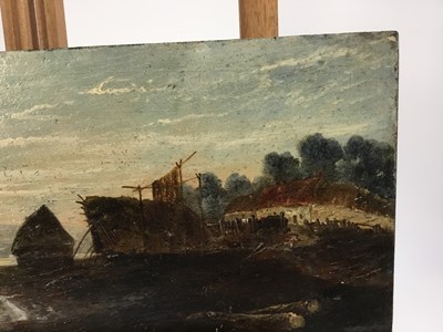 Lot 42 - Scottish School, 19th Century oil on panel - A river estuary, fisherman's hut with fishing boat, 36cm x 17cm, unframed