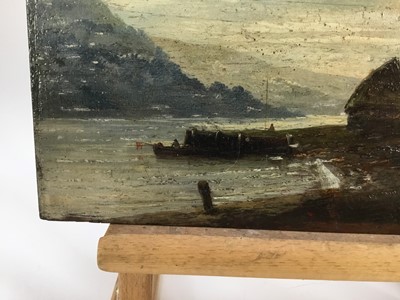 Lot 42 - Scottish School, 19th Century oil on panel - A river estuary, fisherman's hut with fishing boat, 36cm x 17cm, unframed