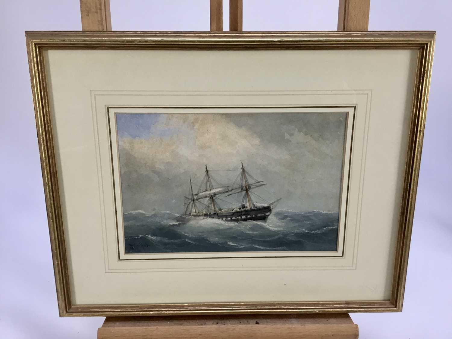 Lot 50 - Richmond Markes watercolour - Seascape with shipping, signed, 21.5cm x 14.5cm mounted in glazed gilt frame, 37cm x 29cm overall