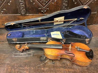 Lot 2274 - Antique violin and bow in case