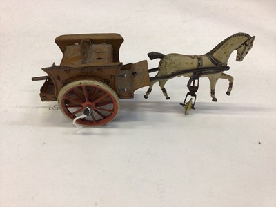 Lot 1831 - Selection of tinplate models including Lehmann Zikra Zebra cart, G & K horse-drawn cart, early automobile and paddle steamer