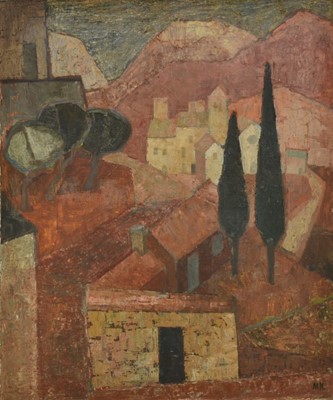 Lot 1098 - Mid 20th century, oil on canvas, Mediterranean Town, signed with initials M.K., 76cm x 63cm, unframed