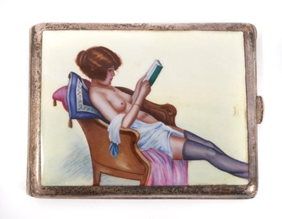 Lot 771 - Early 20th century Alpaca and enamel erotic cigarette box