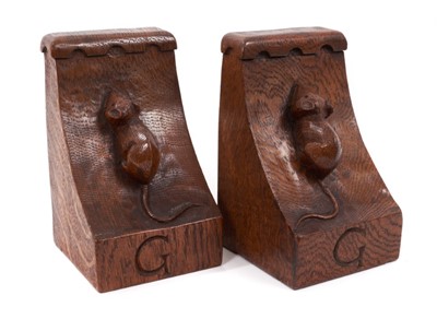 Lot 718 - Rare pair of early Robert ‘Mouseman’ Thompson bookends, each carved with initial ‘G’, 15cm high. Provenance: Ryedales Auctioneers, September 21st 2021, lot