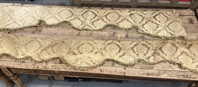 Lot 2088 - Set of six various gold silk damask curtains and three ensuite pelmets