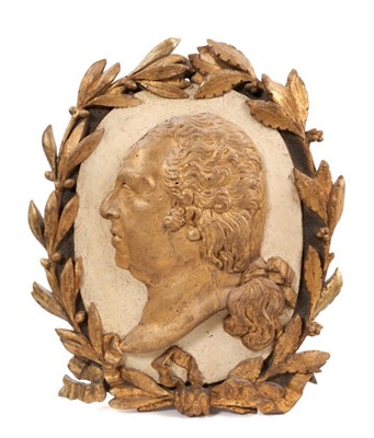 Lot 739 - Early 19th century carved oak portrait bust of Louis XVIII in laurel wreath 
surround