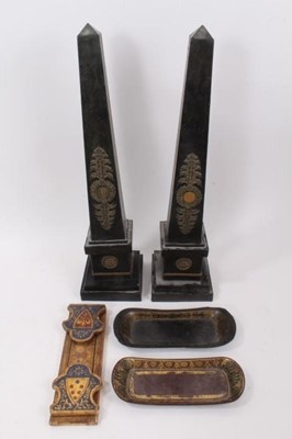 Lot 759 - Two Regency papier mâché pen trays, two Regency style obelisks and book rest