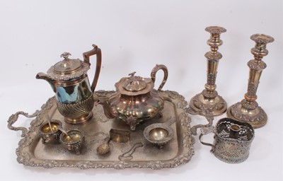 Lot 760 - Good quality silvered twin handled tray together with pair of salts, Continental silver sieve on stand, silver wine label, plated caddy spoon and napkin ring