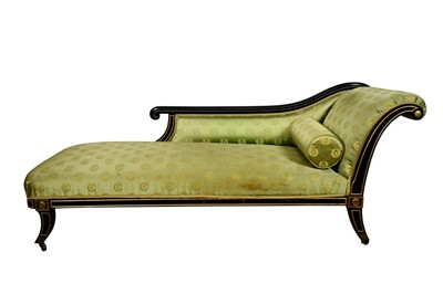 Lot 1303 - French Empire gilt and black painted chaise, with Napoleonic motif fabric