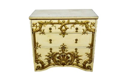 Lot 1305 - Antique Continental cream and gilt painted and carved three 
drawer chest