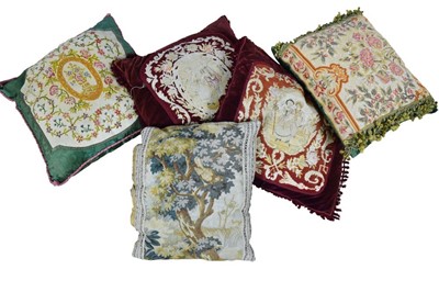 Lot 1325 - Pair of cushions utilising early embroidery panels and three others