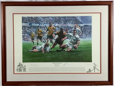 Lot 67 - P. Cornwall, signed limited edition Rugby print, England v Australia 18th November 2000, signed by Dan Luger an one other player, numbered 451/495, in glazed frame