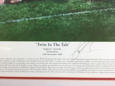 Lot 67 - P. Cornwall, signed limited edition Rugby print, England v Australia 18th November 2000, signed by Dan Luger an one other player, numbered 451/495, in glazed frame
