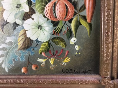 Lot 40 - C. O. B. Wright, 20th century oil on canvas board - still life summer flowers, 24cm x 29cm in gilt frame