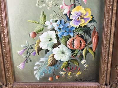 Lot 40 - C. O. B. Wright, 20th century oil on canvas board - still life summer flowers, 24cm x 29cm in gilt frame