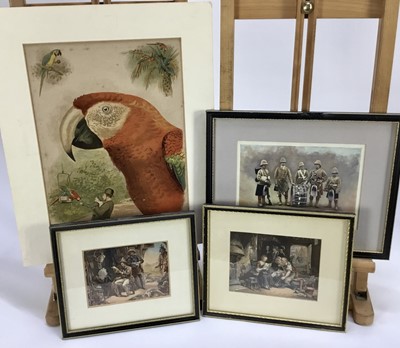 Lot 382 - Two framed Victorian Baxter prints, an unframed antique print of Macaws and another framed Black Watch print (4)