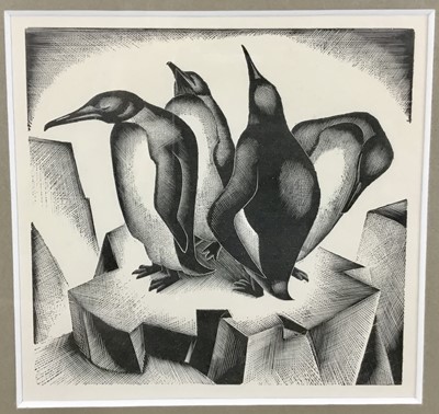 Lot 5 - Agnes Miller Parker woodcut print - penguins, 12.5cm x 13cm, unsigned in glazed frame