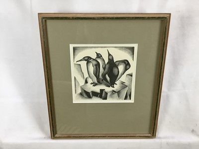 Lot 5 - Agnes Miller Parker woodcut print - penguins, 12.5cm x 13cm, unsigned in glazed frame