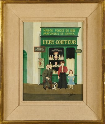 Lot 1121 - Fernand Boilauges (1891-1991), oil on board - Fery Coiffeur, signed, 34m x 26cm, framed