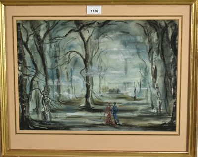 Lot 1120 - Manner of Cecil Beaton (1904-1980), watercolour, Theatre set design, figures in woodland, 29.5cm x 41.5cm, in glazed gilt frame