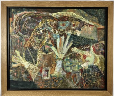 Lot 9 - Vincent Bennett (1910-1993) oil on board - 'The Conspirators', titled verso, 60cm x 50cm