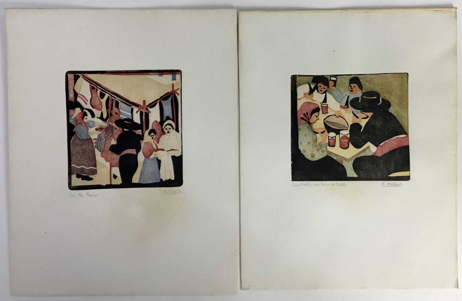 Lot 11 - E Mitchell, two woodblock prints - Spanish scenes, both signed and titled, 11cm x 11cm, unframed
