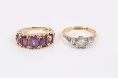 Lot 97 - Victorian style 9ct gold amethyst five stone ring and 1930s 18ct gold synthetic white stone ring in platinum setting