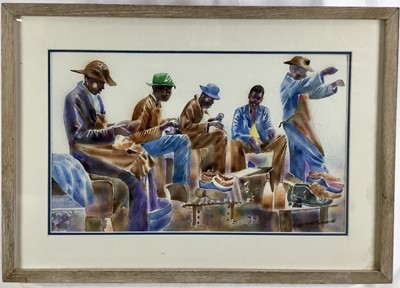 Lot 62 - African School, Thokoxani Mathobela watercolour - cobblers, signed, 50cm x 30cm in glazed frame, 64cm x 46cm overall