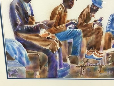 Lot 62 - African School, Thokoxani Mathobela watercolour - cobblers, signed, 50cm x 30cm in glazed frame, 64cm x 46cm overall