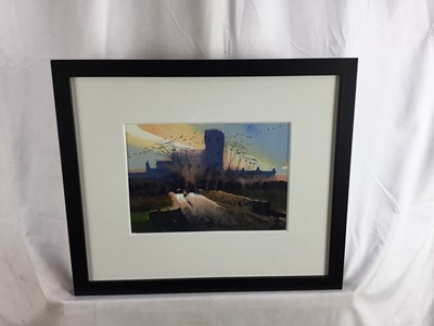 Lot 58 - Simon Jones watercolour - 'Sunset, Angle Pembrokeshire', signed in pencil, Mall Galleries Exhibition label verso, 26cm x 18cm in glazed frame, 46cm x 39cm overall.
