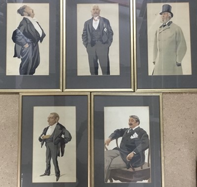Lot 555 - Group of eight pictures, including Vanity Fair prints, 19th century prints of London, and a watercolour by Donald Wincup of a Norfolk wherry.