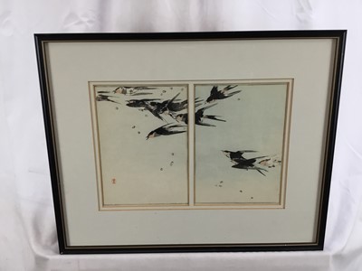 Lot 53 - Japanese print, Watanabe Seitei (1851-1918) - birds in flight, with artists seal, the two panels together measuring 30.5cm x 21cm, mounted in glazed frame, 47cm x 38cm overall